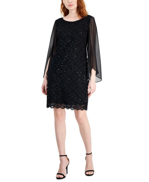 Petite Round-Neck Long-Cape-Sleeve Lace Dress