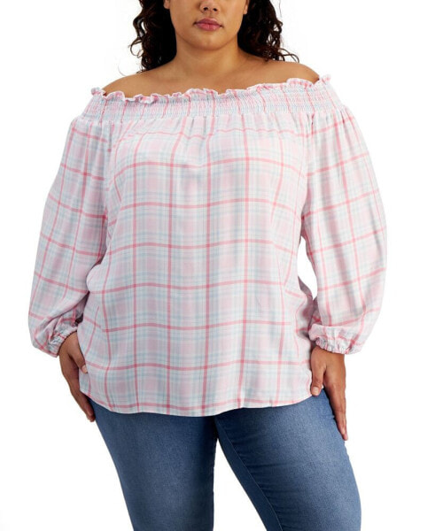 Plus Size Off-The-Shoulder Plaid Top