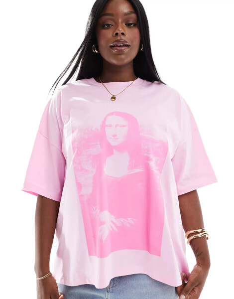 ASOS DESIGN Curve oversized t-shirt with Mona Lisa licence graphic in pink