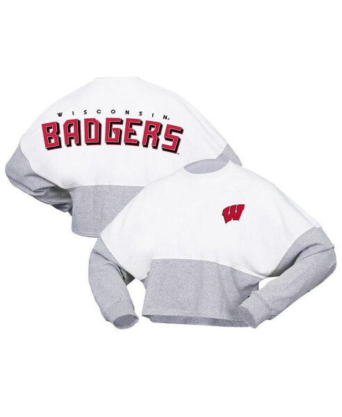 Women's White Wisconsin Badgers Heather Block Cropped Long Sleeve Jersey T-shirt