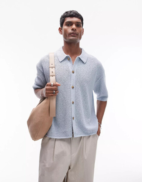 Topman button through crochet shirt in blue