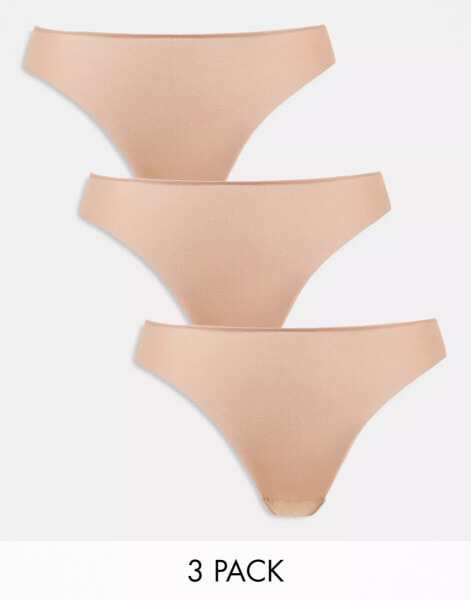 ASOS DESIGN Curve 3 pack no VPL & lace thong in beige