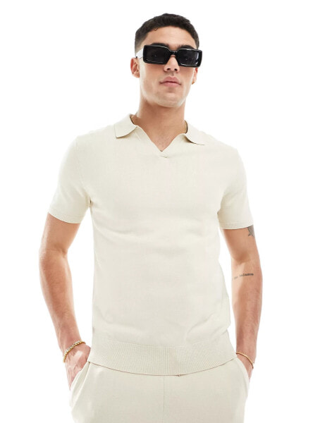 Selected Homme co-ord knitted revere polo in beige