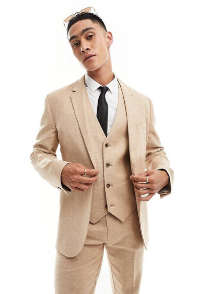 ASOS DESIGN slim herringbone suit jacket with linen in stone