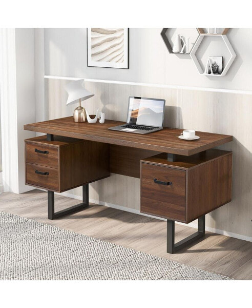 Home Office Computer Desk With Drawers/Hanging Letter-Size Files, 59 Inch Writing Study Table
