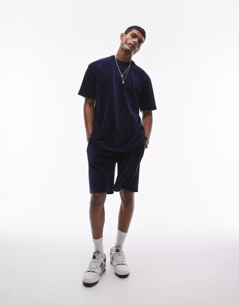 Topman oversized fit velvet cord short in navy