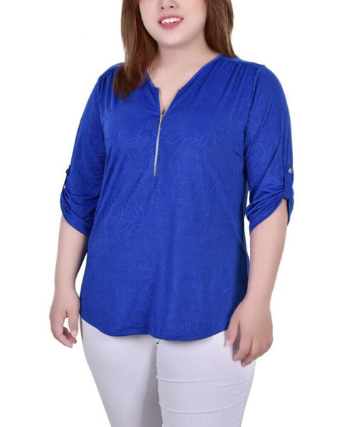 Plus Size 3/4 Roll Tab Zip Front Jacquard Knit Top