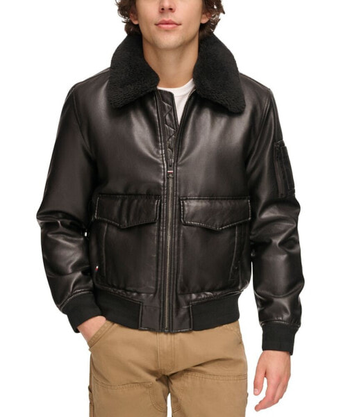 Men's Faux-Fur-Trim Faux-Leather Bomber Jacket