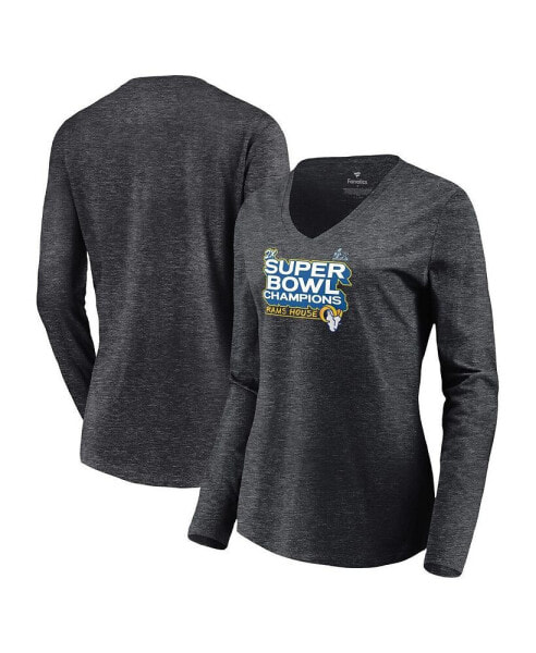 Women's Charcoal Los Angeles Rams Super Bowl LVI Champions Parade V-Neck Long Sleeve T-shirt