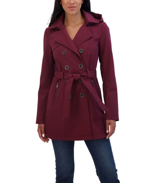 Women's Belted Double Breasted Soft Shell Trench Coat With Detachable Hood