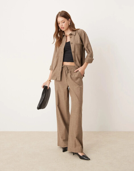 JDY pull on wide leg trouser co-ord in brown herringbone