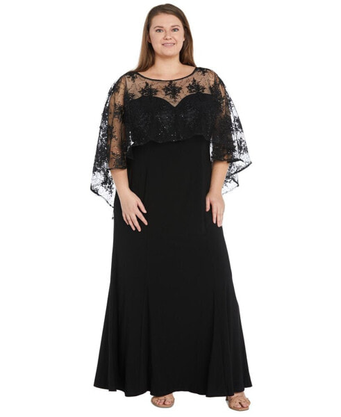 Plus Size Embroidered-Capelet Gown