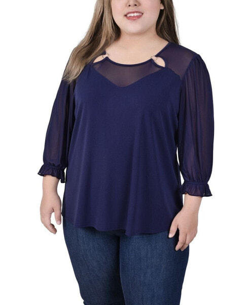 Plus Size 3/4 Sleeve Ringed Top with Mesh