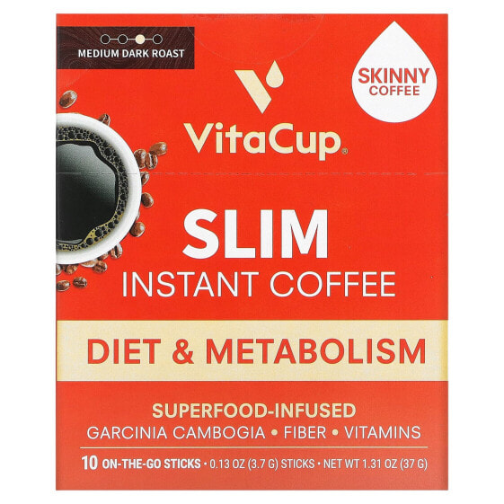 VitaCup, Растворимый кофе Slim, средней темной обжарки, 10 палочек для еды, по 3,7 г (0,13 унции) каждый