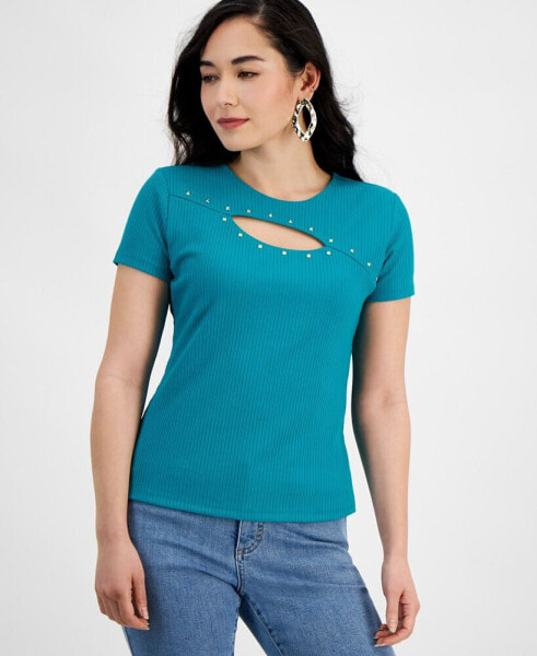 Petite Ribbed Cutout Studded Top, Created for Macy's