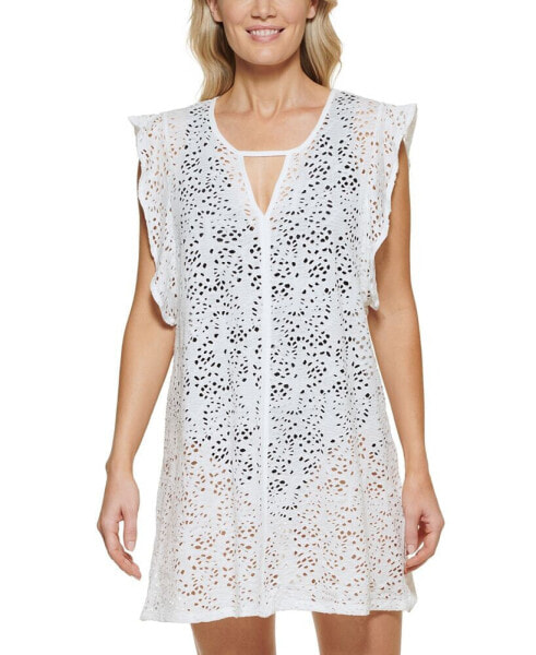 Eyelet Flutter-Sleeve Swim Cover-Up