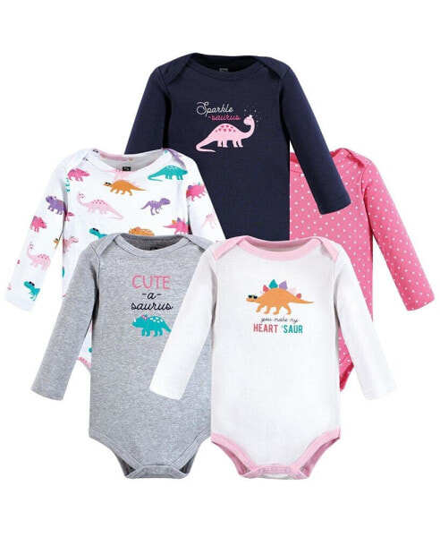 Baby Girls Cotton Long-Sleeve Bodysuits, Cuteasaurus 5-Pack