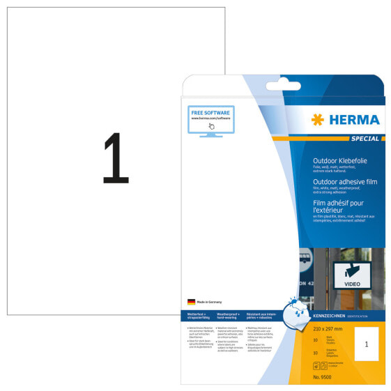 HERMA Labels A4 outdoor film 210x297 mm white extra strong adhesion film matt weatherproof 10 pcs. - White - Self-adhesive printer label - A4 - Polyolefine - Laser - Permanent