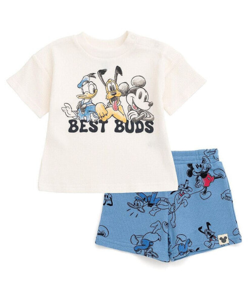 Baby Boys Mickey Mouse Lion King Donald Duck Simba Pluto Waffle Knit T-Shirt Shorts Outfit Set Newborn to