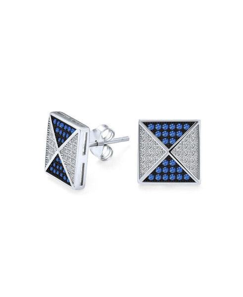 Mens Blue White Cubic Zirconia Micro Pave Geometric CZ Pyramid Square Stud Earrings For Men.925 Sterling Silver 11MM