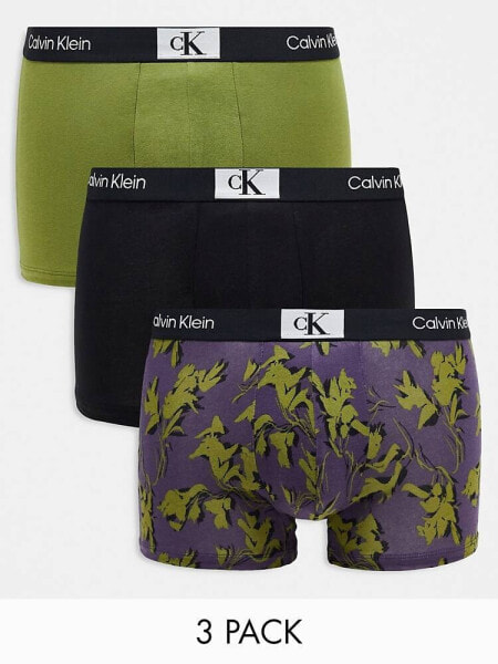 Calvin Kleion CK 96 3-pack trunks in printed black, green and print