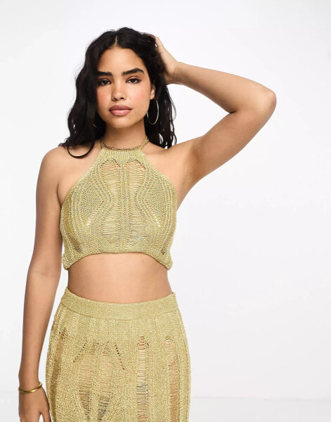 Miss Selfridge gold glitter ladder stitch tie back halterneck cami co-ord in gold