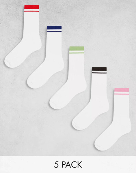 ASOS DESIGN 5 pack sports socks in white with navy, red, brown, purple and green tipping detail