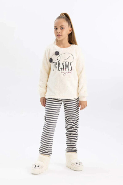 Kız Çocuk Baskılı Pelüş Uzun Kollu Pijama Takımı