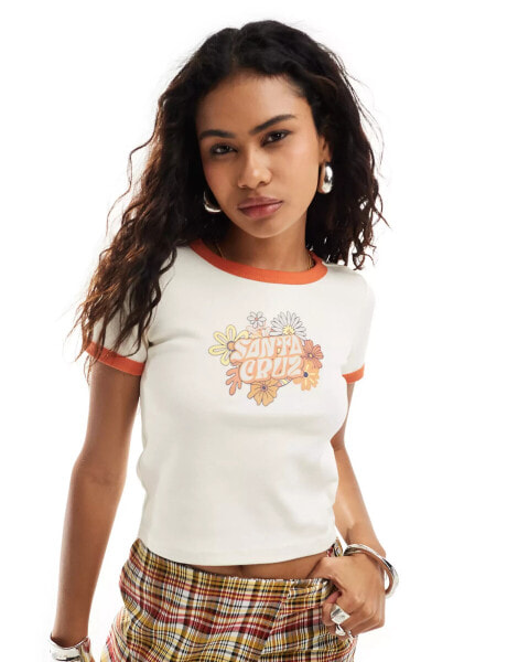 Santa Cruz floral branded ringer t-shirt in white