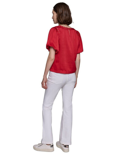 Women's Grommet Puff-Sleeve Top