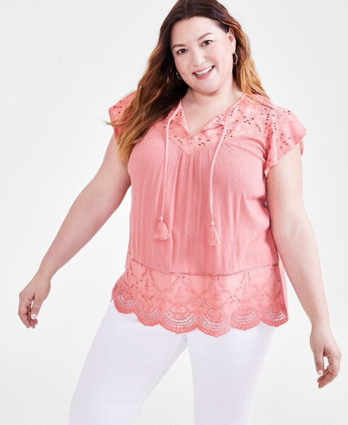 Plus Size Eyelet Split-Neck Blouse, Created for Macy's