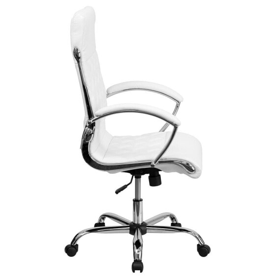 High Back Designer White Leather Executive Swivel Chair With Chrome Base And Arms