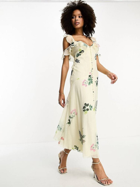 ASOS DESIGN – Mehrfarbiges Midaxikleid mit Zitronen-Blumenprint, Knöpfen, Rüschen und Flatterärmeln