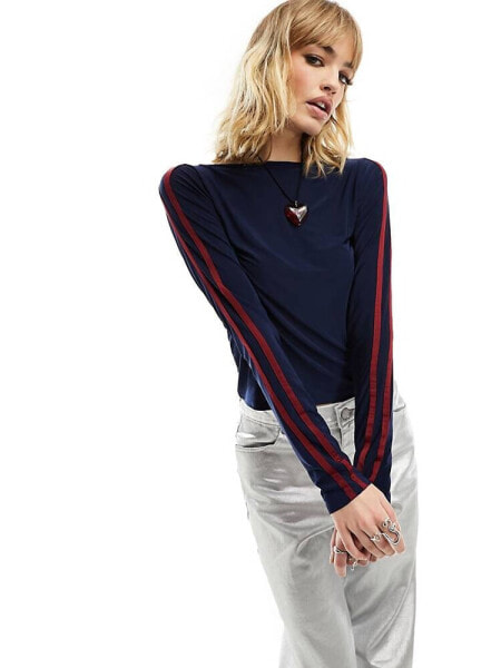 COLLUSION long sleeve slash neck stripe top in navy