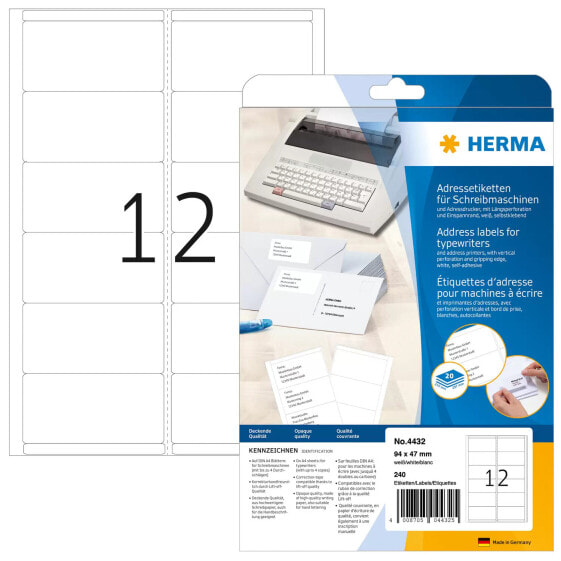 HERMA Address labels for typewriters A4 94x47 mm paper matt round corners 240 pcs. - White - Paper - Matte - Germany - 9.4 cm - 4.7 cm