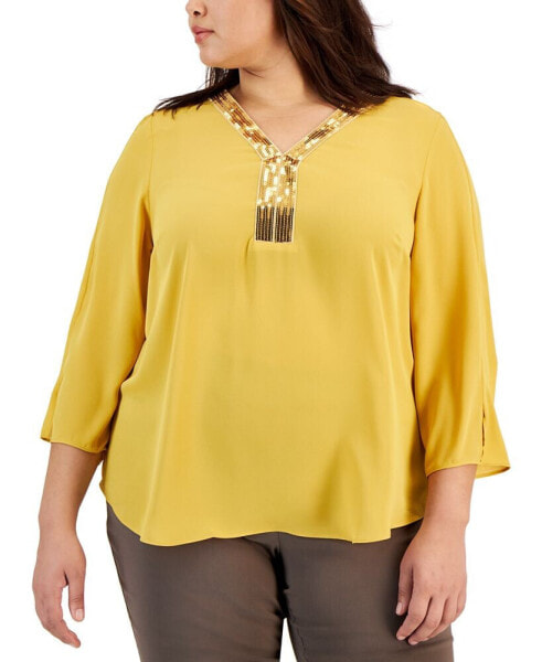 Plus Size Sequined-Neck 3/4-Sleeve Top, Created for Macy's