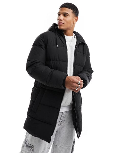 ONLY & SONS longline hood puffer jacket in black