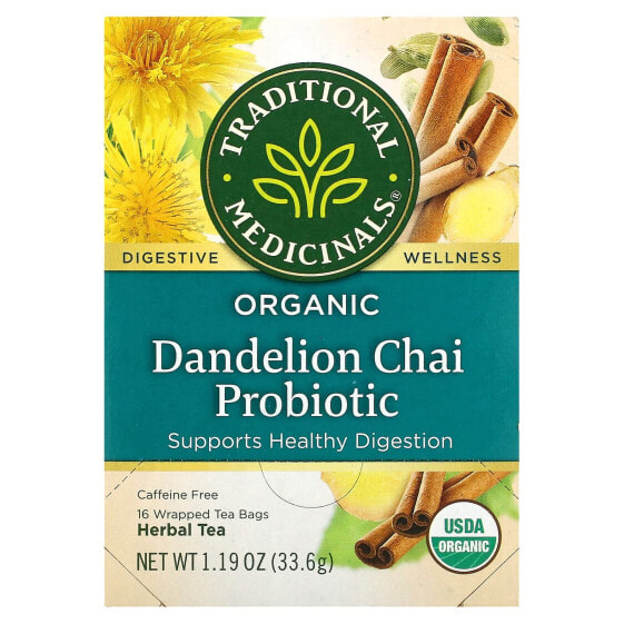 Organic Dandelion Chai Probiotic, Caffeine Free, 16 Wrapped Tea Bags, 1.19 oz (33.6 g)