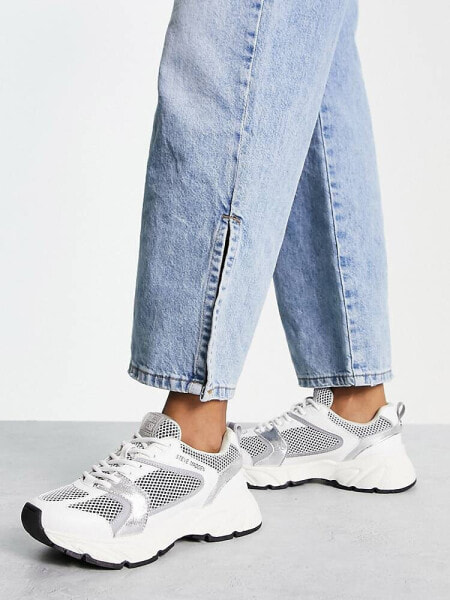 Steve Madden Standout multi panel chunky trainers in white and silver