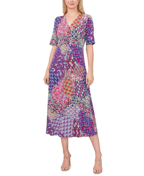Women's Mixed-Print Twist-Front Midi Dress