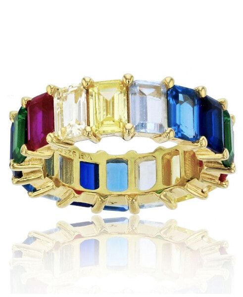 Rainbow Colored Emerald Cut Cubic Zirconia Eternity Band in 14k Yellow Gold Plated Sterling Silver