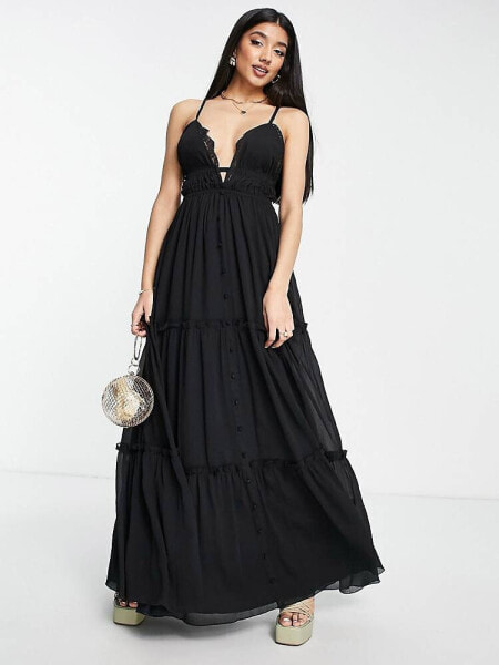 ASOS DESIGN button through tiered maxi dress with lace trim detail in black