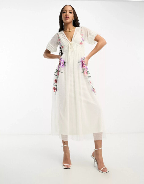 ASOS DESIGN embroidered short sleeve midi dress with dobby mesh in ivory