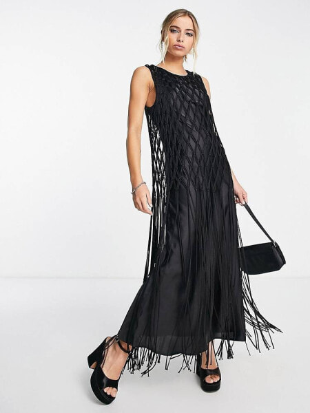 ASOS DESIGN macrame detail satin maxi dress in black