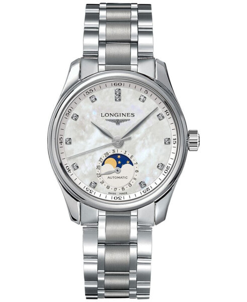 Women's Swiss Automatic Master Moonphase Diamond (1/20 ct. t.w.) Stainless Steel Bracelet Watch 34mm