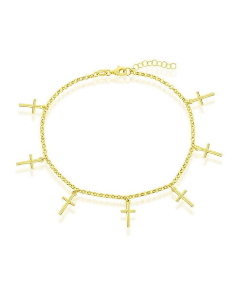 Sterling Silver Cross Charms Rolo Chain Anklet - Gold Plated