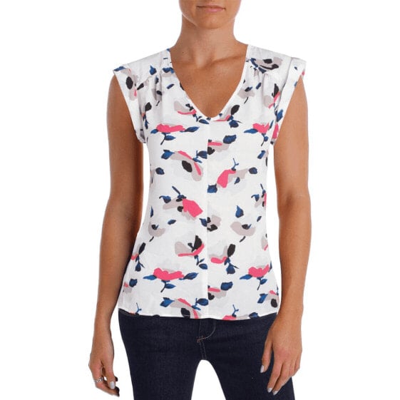 Nine West Women's Cap Cuffed Sleeve Floral Printed V Neck Top L