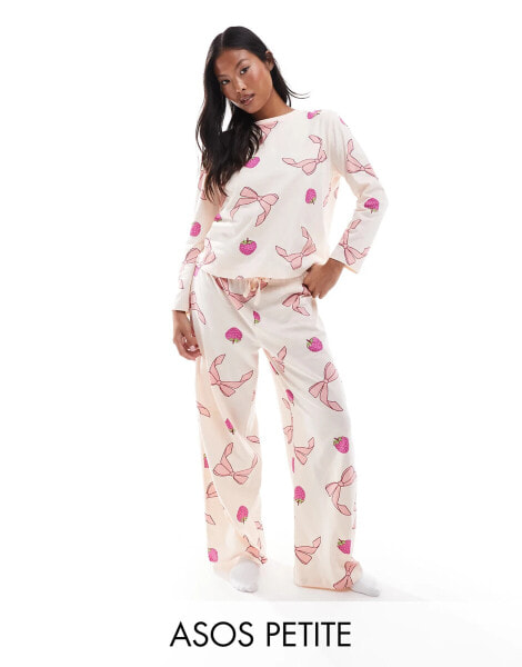 ASOS DESIGN Petite bow and fruit long sleeve top & trouser pyjama set in pink