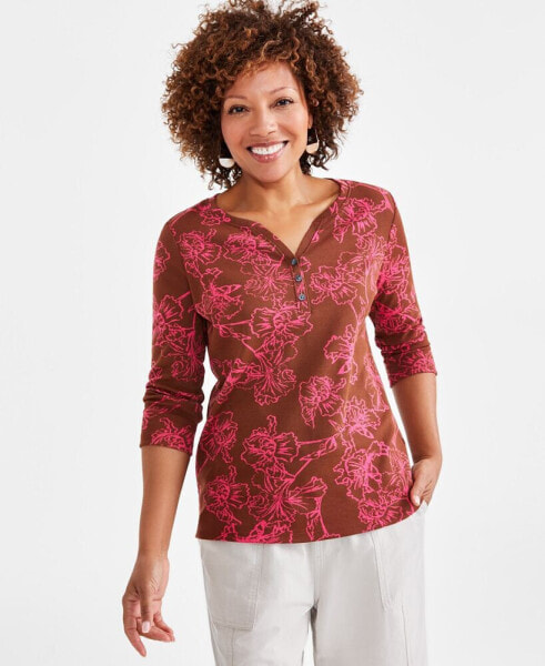 Women's Printed 3/4-Sleeve Henley Tee, Created for Macy's