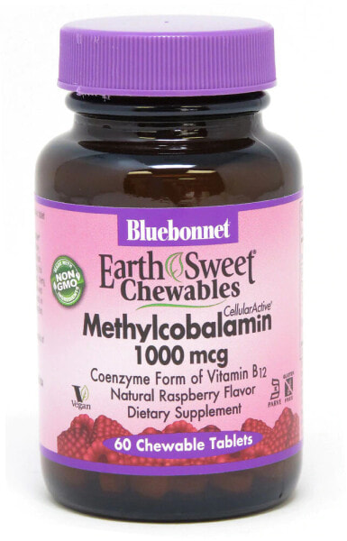 Bluebonnet Nutrition EarthSweet Chewables Methylcobalamin Vitamin B12 Метилкобаламин - Витамин B12 1000 мкг 60 жевательных таблеток с малиновым вкусом